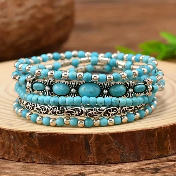 Set Boho korálkových náramků z tyrkysu 5 ks