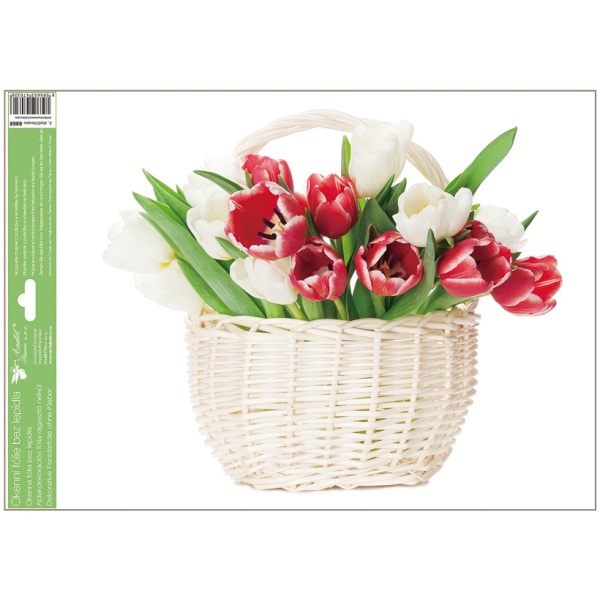 Velká okenní dekorační fólie Tulipány v košíku 42x30 cm