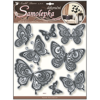 Samolepky na zeď zrcadlové motýli s černou glitrovou konturou 30,5x30,5cm